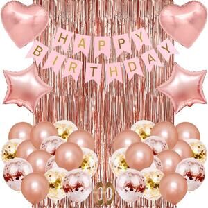 Rose Gold Birthday Party Decorations, Banner, Fringe Curtain, Confetti Balloons